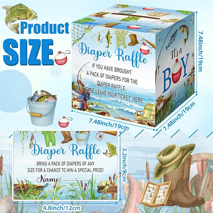 Teling 51 Pieces A Little Fisherman is on the Way Diaper Raffle Tickets with Card Box Baby Shower Decorations Gender Reveal Holder Box for Girl Boy Diaper Raffle Party