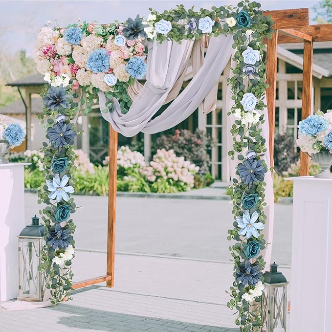Waipfaru 2Pcs Flower Garland Decorations, Wedding Table Floral Rose Garland for Table Centerpieces Backdrop Wall, Eucalyptus Greenery Vines for Party Room Decor (Dusty Blue)