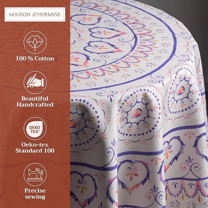 Maison d' Hermine Table Cloth Round Table 100% Cotton 69 Round Inches Tablecloth Reusable Decorative for Dining Kitchen Room Farmhouse Party Home Hotel Restaurant Spring Summer - Mandala