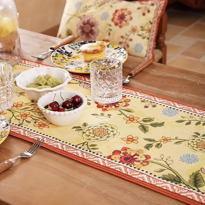 bilin gaier Linen Floral Yellow and Orange Table Runner 71 Inches Long,Wrinkle-Resistant Rustic Farmhouse Decor,Decor Luxury Vintage Runner Table Cloth for Coffee & Dining Table,12"x71"-Bellano
