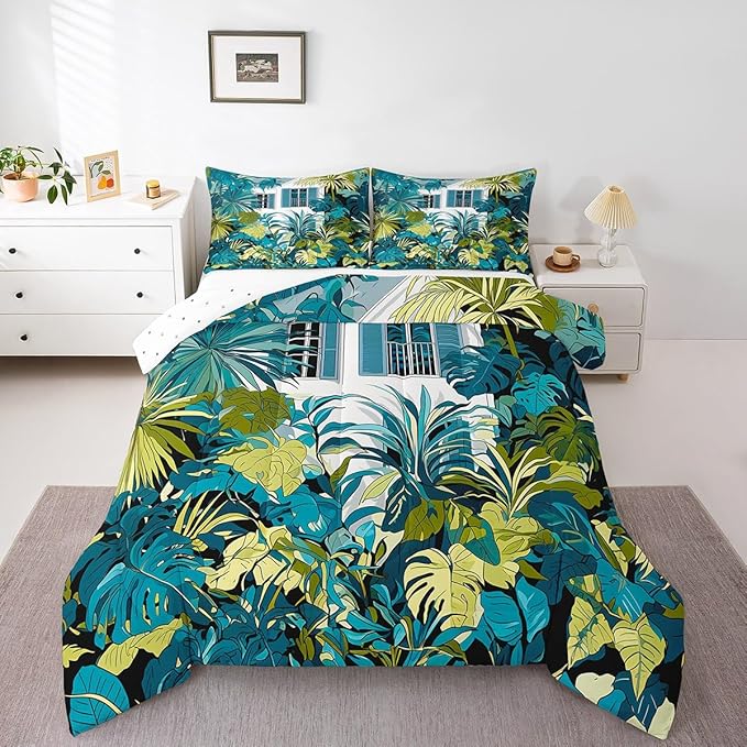 jejeloiu Palm Leaf Comforter Set King Size Kids Tropical Leaves House Bedding Set for Boys Girls Summer Botanical Branches Nature Theme Duvet Quilt Room Decor