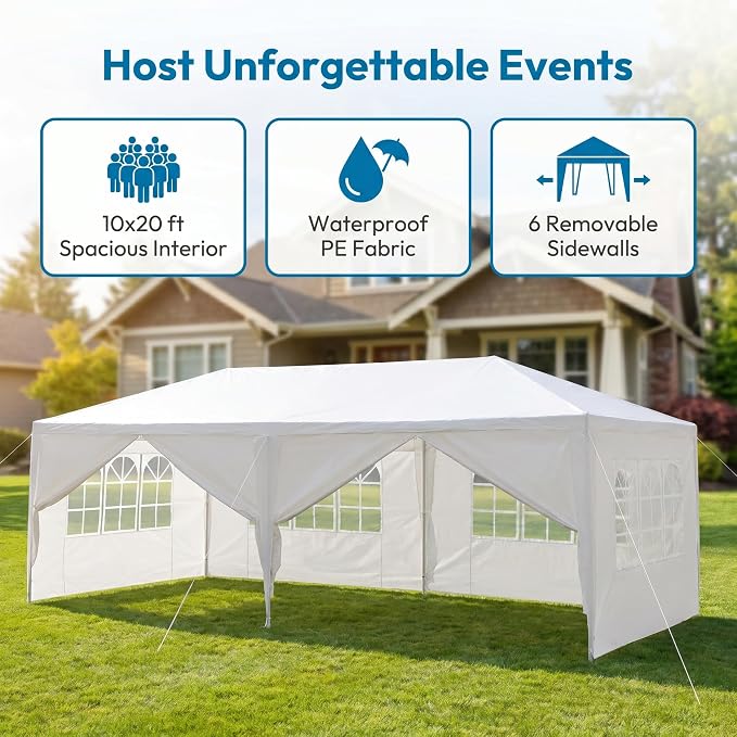 10x20 Canopy Tent for Parties, Heavy Duty Waterproof Outdoor Tent with 6 Detachable Sidewalls & Window Panels, Large Event, Wedding & Backyard Shelter, Commercial & Personal Use, White