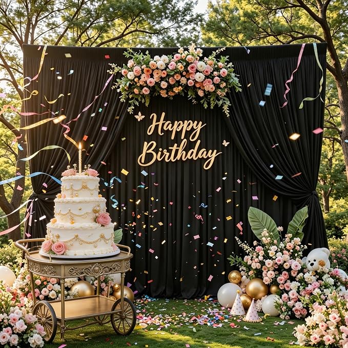 30FT x 10F Black Backdrop Curtain for 40th Birthday Decorations, Polyester Backdrop Drapes with Rod Pockets,Cloth Fabric Curtain for Wedding, Commercial Displays,Graduation Party Decorations