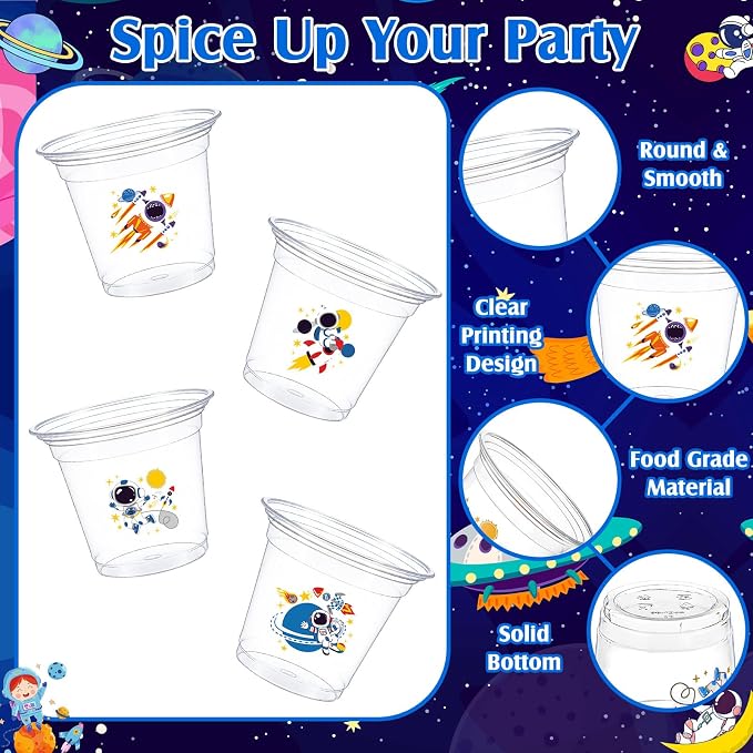 Geyoga 100 Pcs Space Party Plastic Cups 12 oz Astronaut Disposable Clear Cups Bulk Outer Spacer Birthday Party Supplies for Cold Juice Beverage Holiday Favor