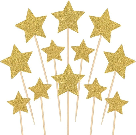 150 Pcs Cake Insert Cupcake Topper Star Glitter Pentagram Decorations Birthday Party Snack Supplies Gold Silver Cake Decorating(Golden)