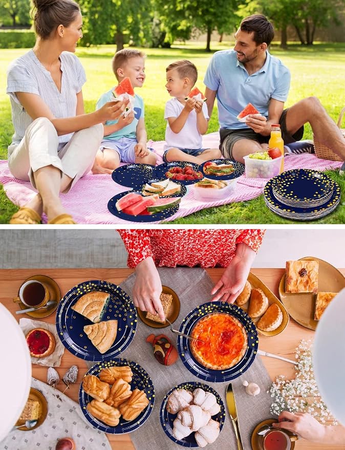Nkaiso 141 Pieces Navy Blue Gold Party Supplies, Disposable Party Decorations Sets Include Paper Plates Napkins Cups, Plastic Forks Knives Spoons, for Baby Shower Birthday Wedding -20 Guests