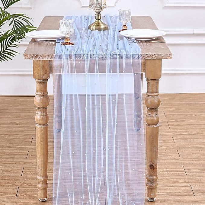Pearl Table Runner Wedding Centerpieces: 10ft Pearl Table Decor 29x120 Inch Tulle Chiffon Fabric for Decor Birthday Party Dining Table Cover (Baby Blue)