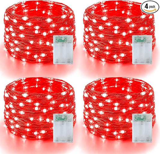 YEGUO Fairy Lights Battery Operated, 4 Packs Each 16ft 50 LED String Lights, Christmas Lights Indoor for Bedroom Wedding Party Holiday Gift(Red)