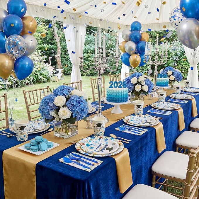 400 Pcs Class of 2026 Blue Floral Graduation Decoration for 50, Royal Navy Blue Gold Graduation Paper Plates Napkin Cup Cutlery Wildflower Grad Tableware for 2026 Congrats Grad Party Supply