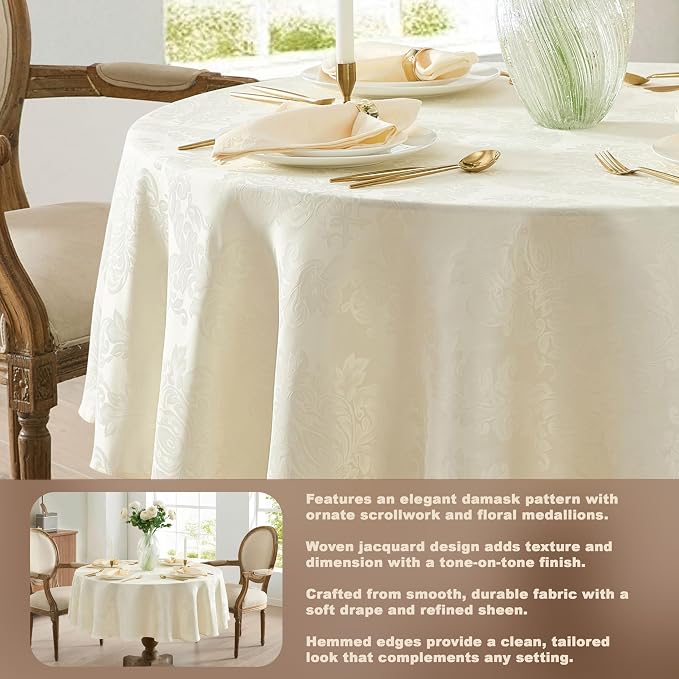 Newbridge Barcelona Luxury Damask Fabric Tablecloth, 90” Round, Antique White, 100% Polyester, No Iron, Soil Resistant Dining Room, Party and Banquet Table Cover