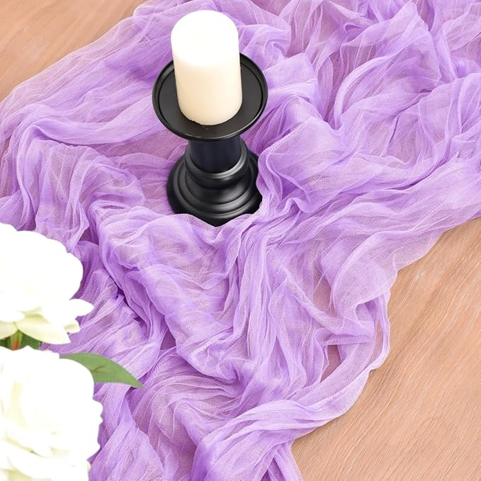 Joanlody Lilac Cheesecloth Table Runner 10Ft Rustic Gauze Boho Spring Summer Cheese Cloth Table Runner for Wedding Bridal Baby Shower Decoration 4 Pack