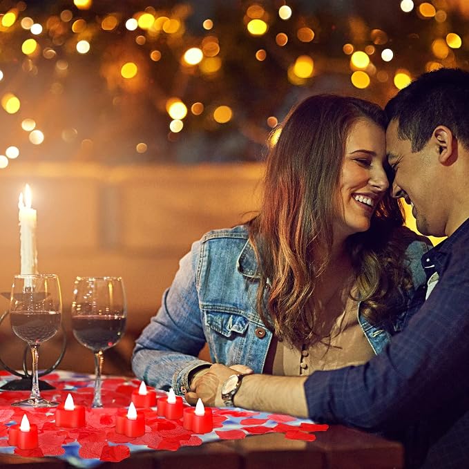 Coume 6000 Pcs Artificial Rose Petals with 120 Pcs Heart LED Tea Lights Candles Kit Rose Petals Candles Set for Romantic Night Anniversary Proposal Wedding Date Hotel(Red Light)