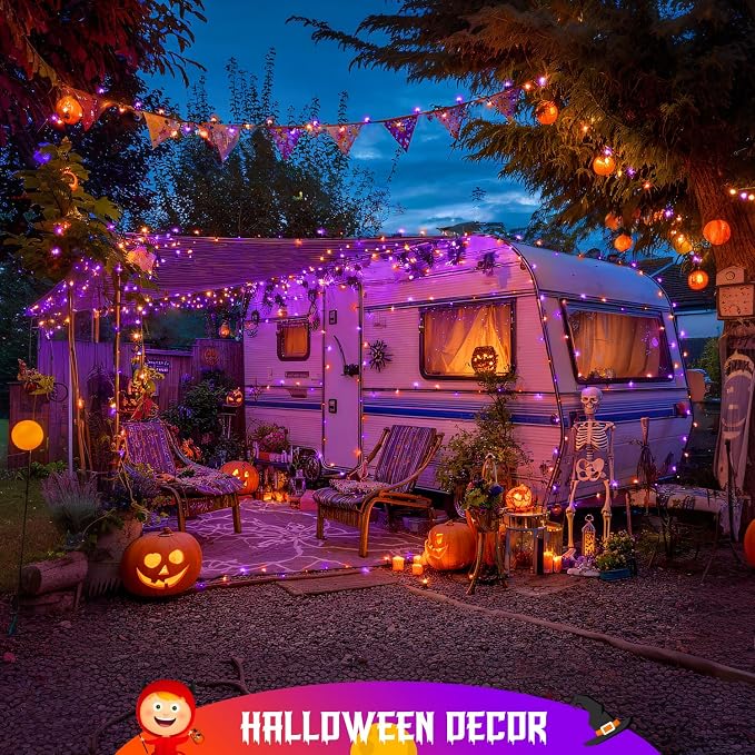 JMEXSUSS 2 Pack Solar String Lights Outdoor Waterproof, Total 400 LED 151FT Solar Christmas Lights Outdoor, 8 Modes Christmas Light for Outside Patio Yard Tree Decorations, Orange and Purple