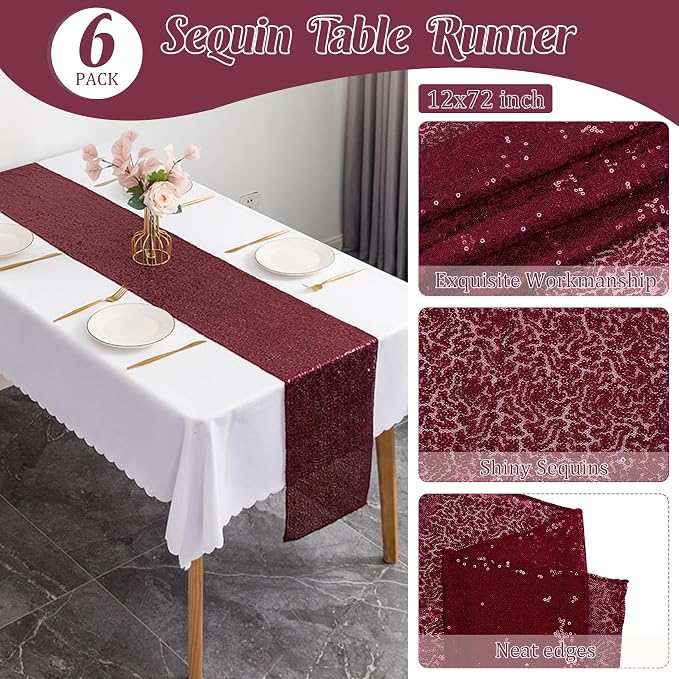 6 Pack Burgundy Red Valentine's Day Sequin Table Runner 12" x 72" Sparkle Table Runner for Baby Bridal Shower Wedding Birthday Party Table Decor (Burgundy)