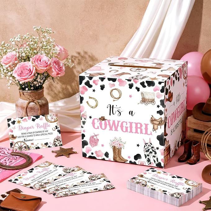 Teling 51 Pieces Diaper Raffle Tickets with Card Box Baby Shower Decorations Gender Reveal Holder Box for Girl Boy Diaper Raffle Party (A Little Cowgirl is on the Way)
