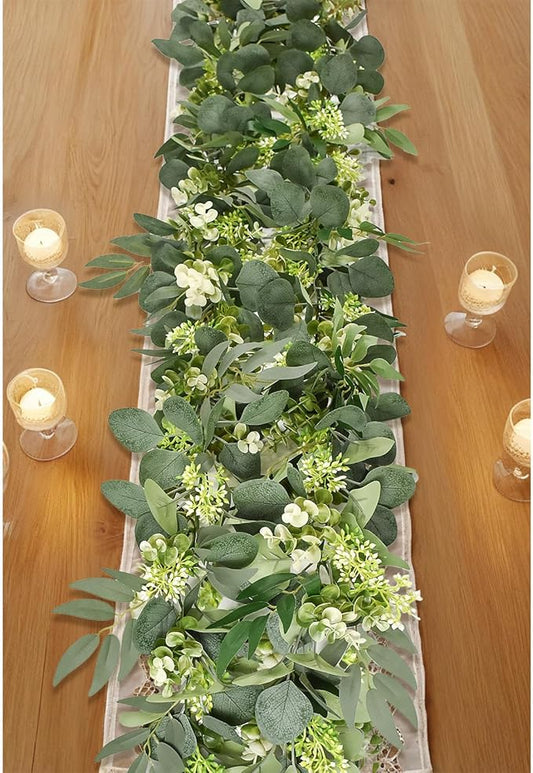 6Ft Eucalyptus Garland, Artificial lvy Greenery Vines with Flower Gypsophila Willow Leaves for Home Wedding Arch Party Table Runner Centerpiece Decor
