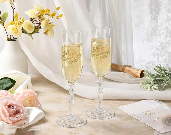 Happy Anniversary Decorations Gifts for Couple. Classical Style Happy Wedding Anniversary Champagne Flutes Glasses for Anniversaries of Any Year, Gifts for Men, Women, Husband, Wife