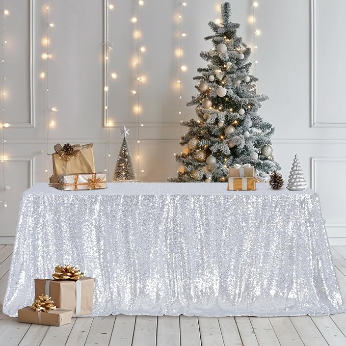 Poise3EHome Silver Sequin Tablecloth 50×80 Inch Rectangle Sparkly Fabric Table Cover Overlay for Birthday Wedding Party Christmas Holiday Baby Shower Cake Table Decoration