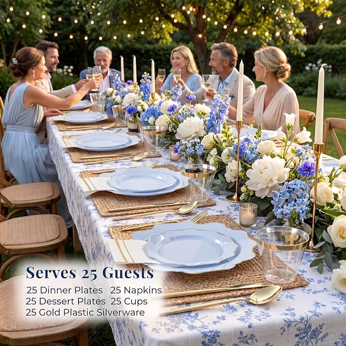 WDF 175Pcs Blue Plastic Plates - Heavy Duty Baby Blue Plates Disposable - 25Guests Plastic Dinnerware Ideal for Parties/Wedding/Baby Shower/Spring/First Communion/Father‘s Day