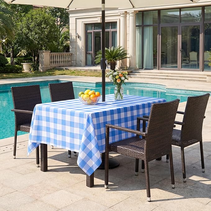 Poise3EHome Rectangle Outdoor Tablecloth with Umbrella Hole and Zipper,Blue Gingham 104x60 Inch,Polyester SpillProof Washable Table Cloth for Spring Summer Patio Garden Poolside Picnic Camping BBQS