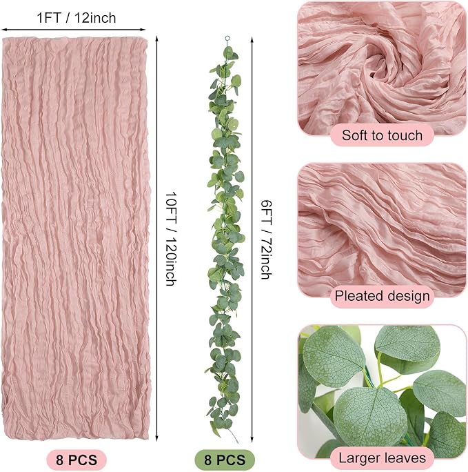 Leinuosen 8 Set 10 Ft Light Pink Cheesecloth Table Runner Wedding Decor with 6 Ft Eucalyptus Garland, Boho Gauze Table Centerpiece Runner for Wedding Baby Shower Birthday Party Decoration