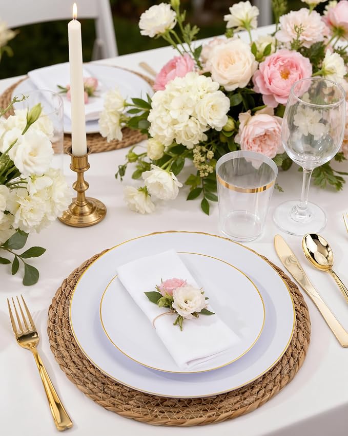Nervure 125PCS Christmas Plastic Plates - Disposable White and Gold Rim Plates Include 25 Dinner Plate, 25 Salad Plate, 25 Forks, 25 Knives, 25 Spoons for Wedding & Parties & Thanksgiving