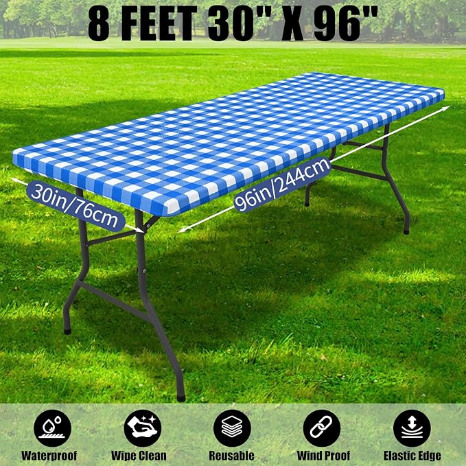 Smiry Picnic Table Cloth 4 Pack, Waterproof Elastic Fitted Tablecloths for 8FT Rectangle Tables, Washable Polyester Buffalo Plaid Tablecloth for Camping, Dining & Outdoor (Blue & White, 30" x 96")
