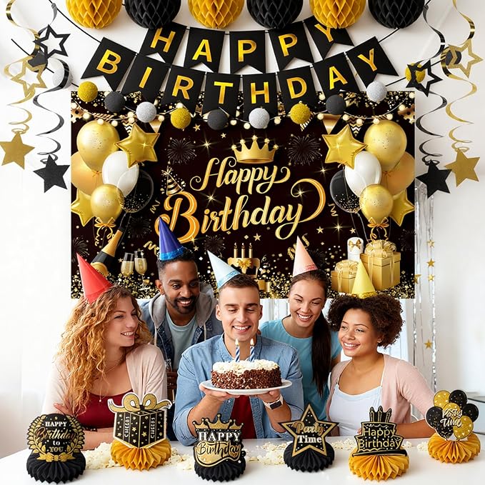 Happy Birthday Party Decoration Set: Including Birthday Banner Backdrop, Party Table Centerpieces and Hanging Swirl Party Streamers, Birthday Decor Suppliers for Men and Women (Black and Gold, Birthday Party)