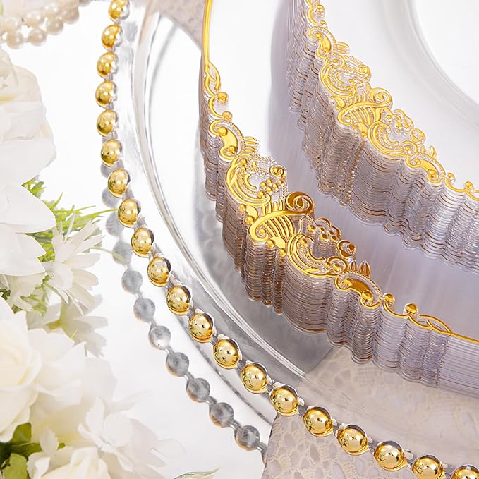 Hioasis 350pcs Clear and Gold Plates - Clear Party Plates for 50 Guest, Include 100 Heavy-duty Plates(20% Thicker Than Standard), 50 Pre Rolled Gold Plastic Silverware Set, 50 Cups