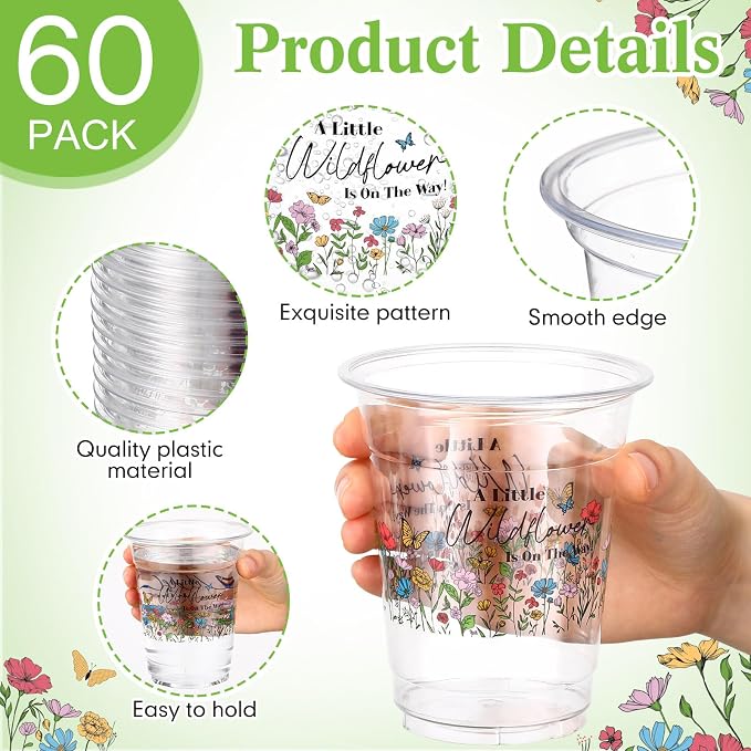 Funnymoom 60 Pack Wildflower Baby Shower Cups 12 oz Disposable Clear Plastic a Little Wildflower Is on the Way Cups for Wildflower Baby Shower Birthday Floral Spring Summer Party Decorations