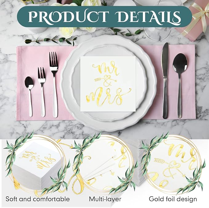 200 Pcs Wedding Napkins Mr and Mrs Napkins for Wedding Reception 3 Ply Gold Foil Disposable Cocktail Beverage Dessert Napkins for Bridal Shower Engagement Party Cake Table Decor(Arrow & Heart)
