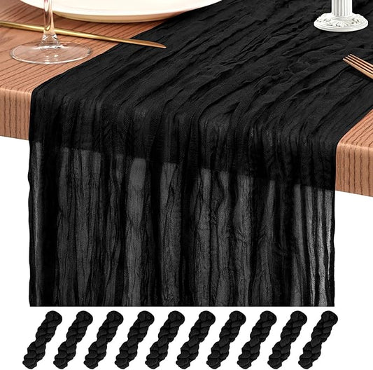 10 Pack Black Cheesecloth Table Runner 10FT Boho Gauze Cheese Cloth Table Runners Romantic Rustic Sheer Table Decorations for Wedding Party Baby Shower Birthday Holiday Home