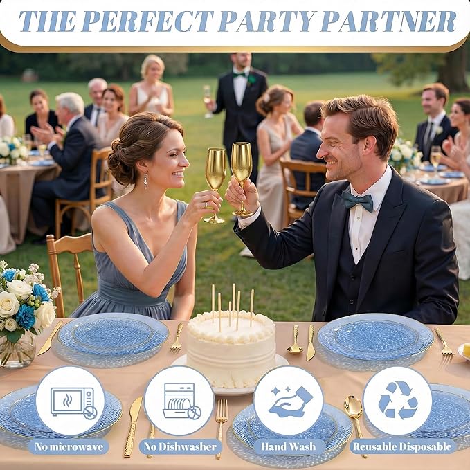 I00000 150Pcs Clear Blue Plastic Plates with Gold Rim,Blue Disposable Plates,Clear Hammer Patterned Disposable plates Set include 30 Dinner Plate,30 Dessert Plate,90 plastic Silverware Set for Party