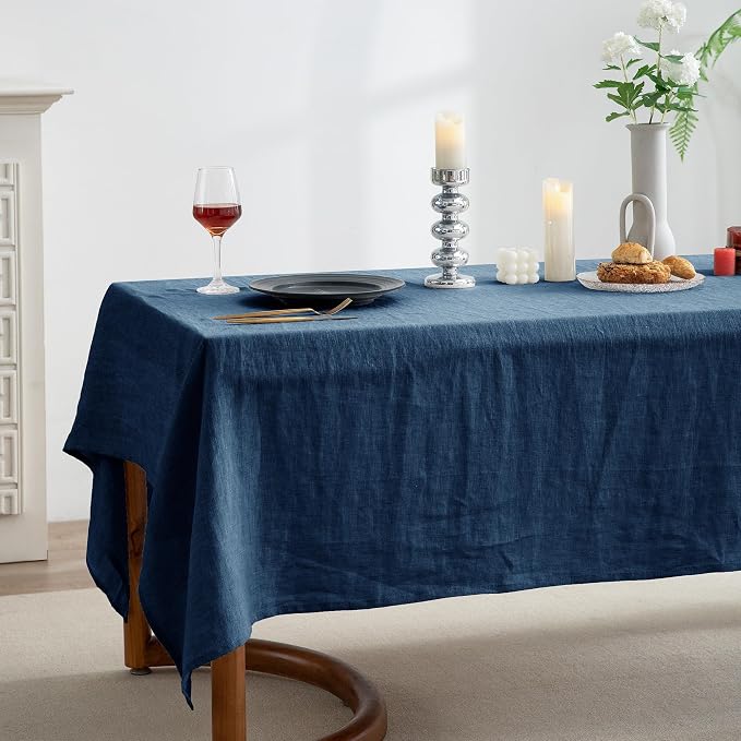 EVERLY 100% Pure Linen Rectangle Tablecloths 60x108Inches for Dining,Buffet Parties,Picnic,Events,Weddings and Restaurants,Decorative Halloween,Thanksgiving Machine Washable Tablecloths-Navy Blue