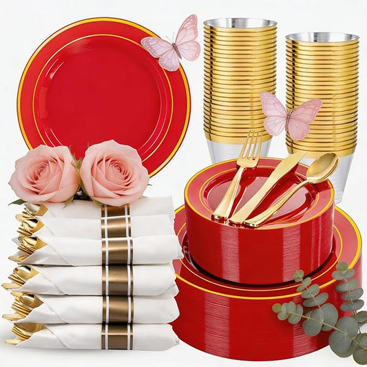 WDF Partyware 350Pieces Red Plastic Plates with Gold Rim Include 50Dinner Plate 10inch 50Dessert Plate 7inch 50 gold Cups 9 OZ, 50 Pre Rolled Napkins for Party/Baby Shower/Wedding/Spring/Mother's Day