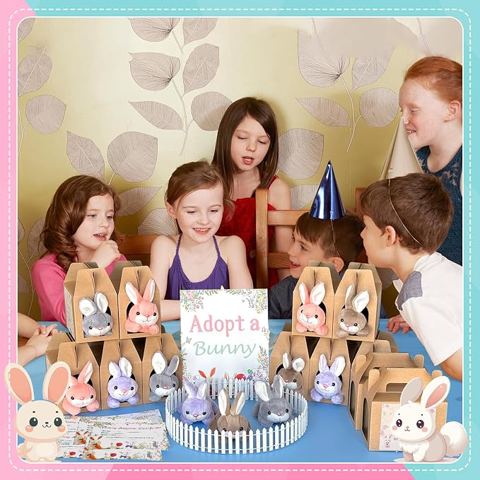38 Pcs Adopt a Pet Bunny Party Favors Include 12 Mini Plush Easter Bunny 12 Foldable Boxes 12 Adopt Bunny Cards 1 Adopt Sign 1 Adopt Fence for Adopt a Pet Party (Bunny, 12 Set)
