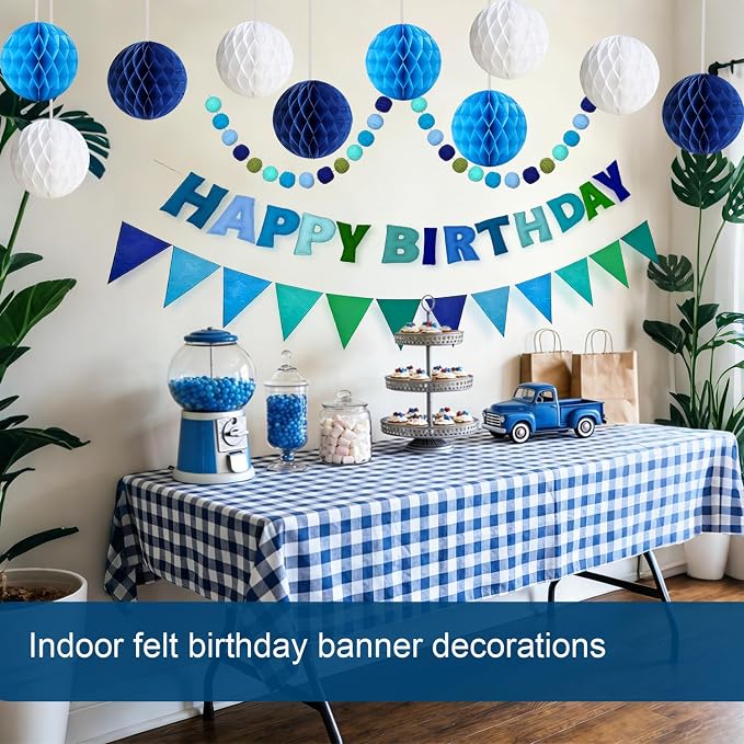 Pre-Strung Happy Birthday Decor Blue, 3D Felt Birthday Banners Poms Pom Fabric Party Garland, Felt Pennant Flat, with 10PCS Honeycomb Balls, Blue Reusable Party Celebration Decorations