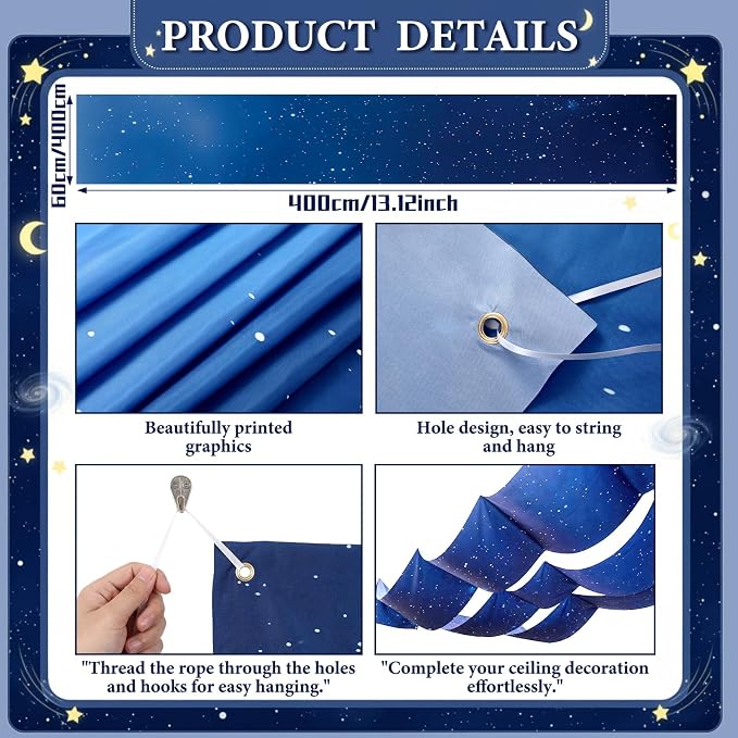 45 Pcs 2026 Space Celing Decoration for Classroom 24" x 13ft Galaxy Hanging Backdrop, Star Hanging Ornament, Solar System Paper Lanterns, Hooks for Kids Birthday VBS School Party Decor