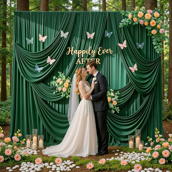 50ftx15ft Hunter Green Backdrop Curtains for Parties, Wrinkle Free Polyester Green Photo Backdrop Drapes 10 Panels 15 ft Long Back Drop Cloth for Wedding Birthday Photography Background