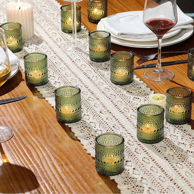 30 Pcs Green Votive Candle Holders, Glass Tea Lights Holder with Polka Dot Embossed, Vintage Candle Holder for Weddings, Home Decor, Baby Shower, Special Occasions
