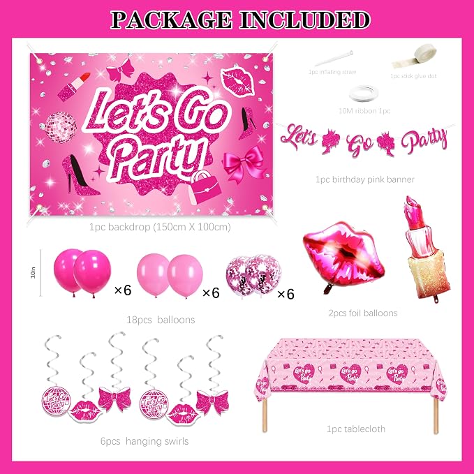 Hot Pink Party Decorations For Girls,Banner,Pink Balloons,Tablecloth,Paper pom poms Party Supplies for Women