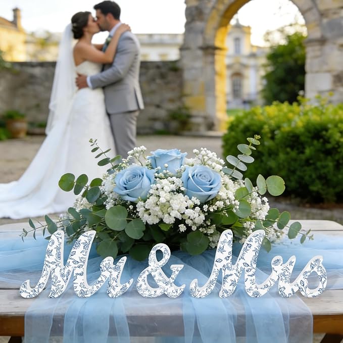 Mr & Mrs Sign for Wedding Table Blue Floral Wedding Decorations for Reception Rustic Wooden Freestanding Letters Table Centerpieces Wooden Photo Booth Props for Wedding Bridal Anniversary Supplies