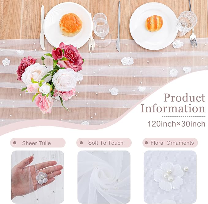 BINBE 4pcs Flower Pearl Table Runner Spring Summer Rustic Boho 10ft Tulle Table Runner for Baby Shower Wedding Veil Holiday Dessert Table Decor White