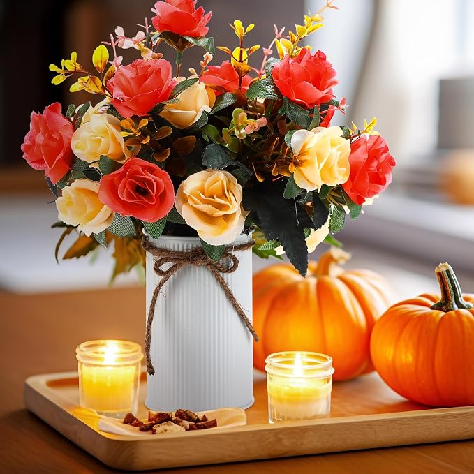 Domensi 12 Sets Wedding Centerpiece for Table Artificial Rose with Vase Fake Bouquets and Metal Pot Flower Arrangements for Bridal Shower Birthday Party Event Table Decor (Orange)