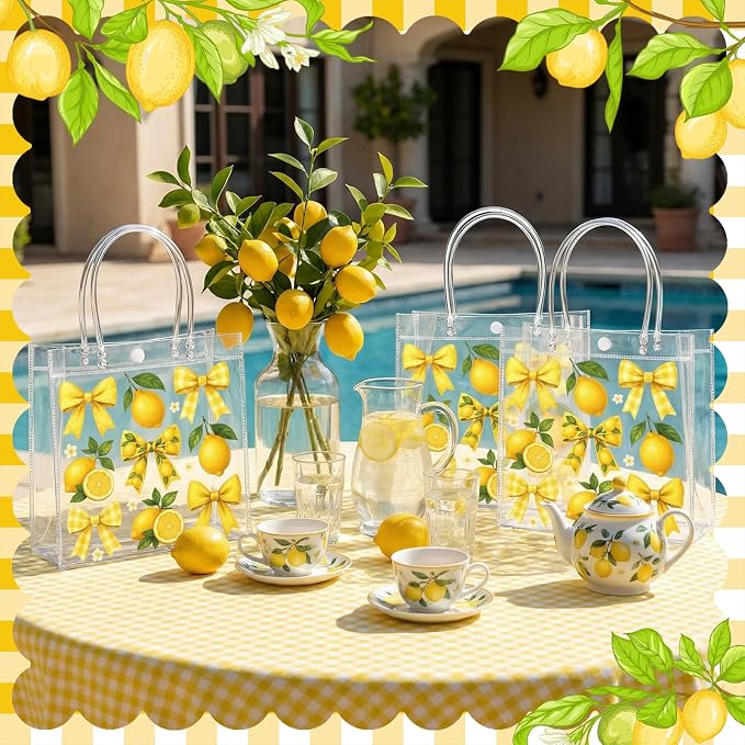 Teenyyou 24 Pcs Lemon Clear Gift Bags with Handles Yellow Bow Lemon Print Transparent Tote Bags Reusable PVC Candy Treat Gift Container for Bridal Shower, Baby Shower, Wedding, Birthday Party Favors