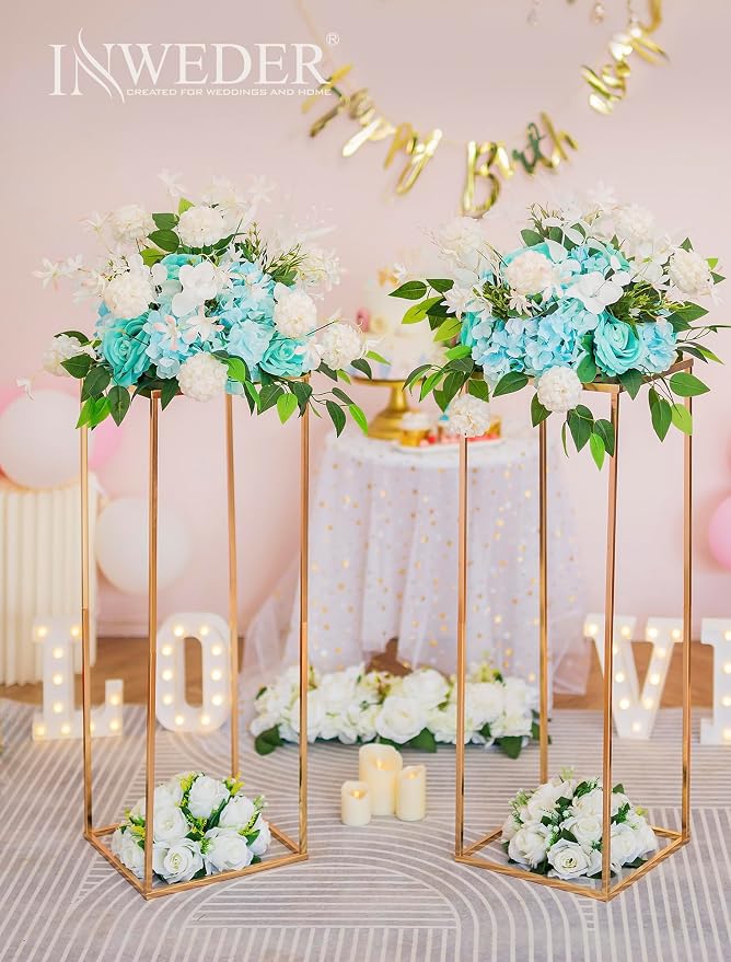 Gold Tall Stand for Wedding: 34.5in, With Metal Panel, Packs of 2 | Columnar Cube Shape, Easy to Assembly, Flowers Cakes Drinks Display Table Centerpieces for Wedding Party Event