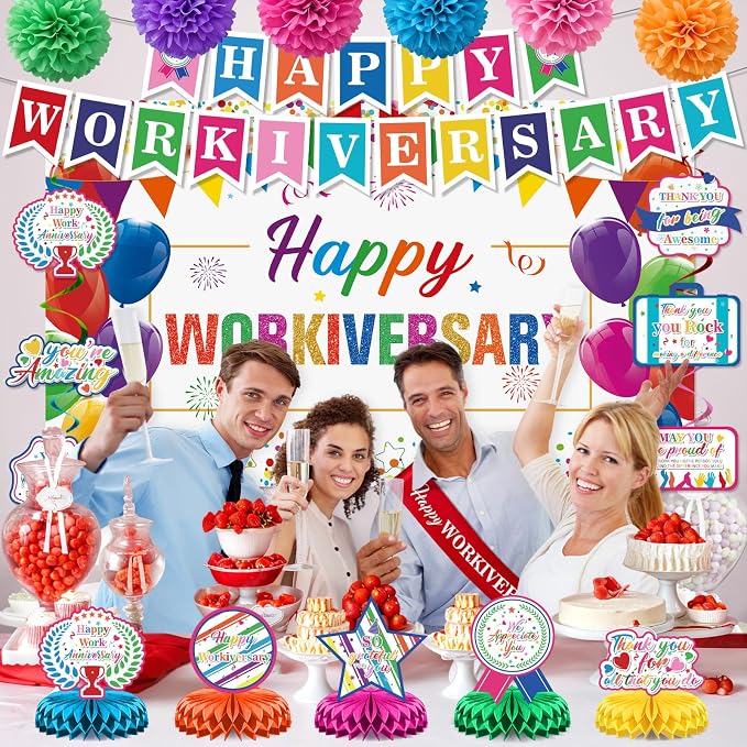 Happy Work Anniversary Decorations Colorful Happy Workiversary Banner Honeycomb Centerpieces Hanging Swirls Tissue Paper Pompoms Sash for Men Women Office Employee Worker Pastor Appreciation Supplies