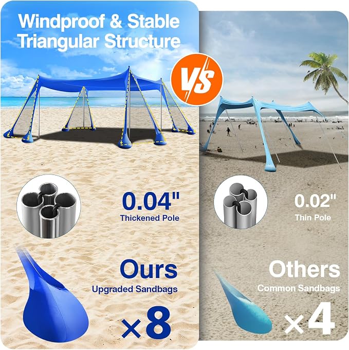 Rhino Valley Beach Tent, 10 x 13 FT Beach Shade UPF50+ Protection, Beach Canopy with 8 Sandbags 4 Stability Poles,Outdoor Beach Tent Sun Shelter Umbrella for Sand,Camping,Fishing Essentials, Indigo