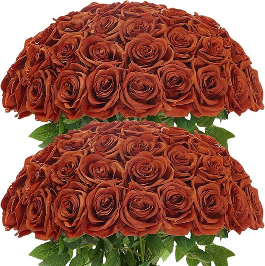 100 Pcs Burnt Orange Roses Artificial Flowers in Bulk, Long Stem Artificial Flower Bouquet, Silk Fake Rose for Wedding Party Table Centerpieces Decor Valentines Gifts