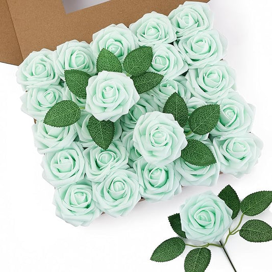 DuHouse 50Pcs Artificial Roses Flowers Fake Roses with Stems Real Touch Foam Flowers for DIY Wedding Bouquet Party Centerpiece Floral Arrangement Party Home Decor(Mint Green)